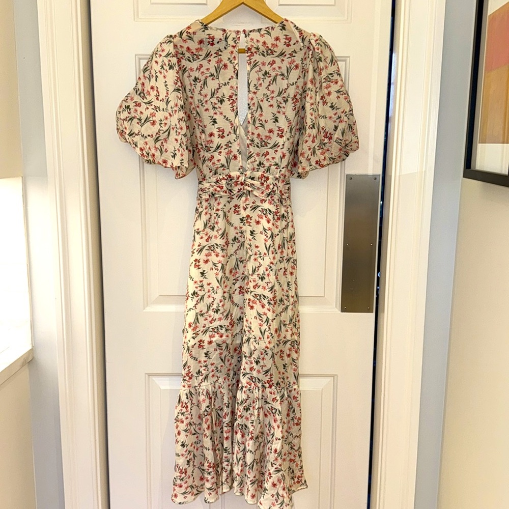 MINKPINK Cream Floral Wrap Midi Dress with Pink & Green Accents - Picture 7 of 12